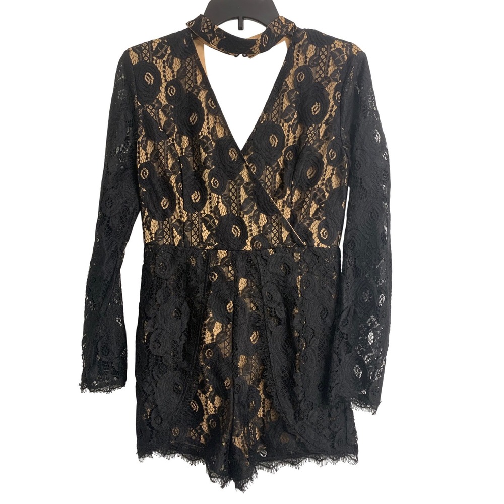 Francescas Black Lace Long Sleeve Romper Choker Neck Whimsigoth Dark Romantic M
